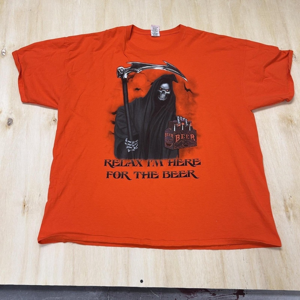 Y2K Happy Halloween Shirt Mens 3XL Orange Grim Reaper Beer Graphic Tee T-Shirt